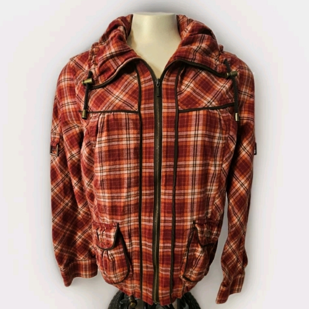 Christopher & Banks Flannel Barn Zipper Jacket Womens Plaid Orange Lumberjack